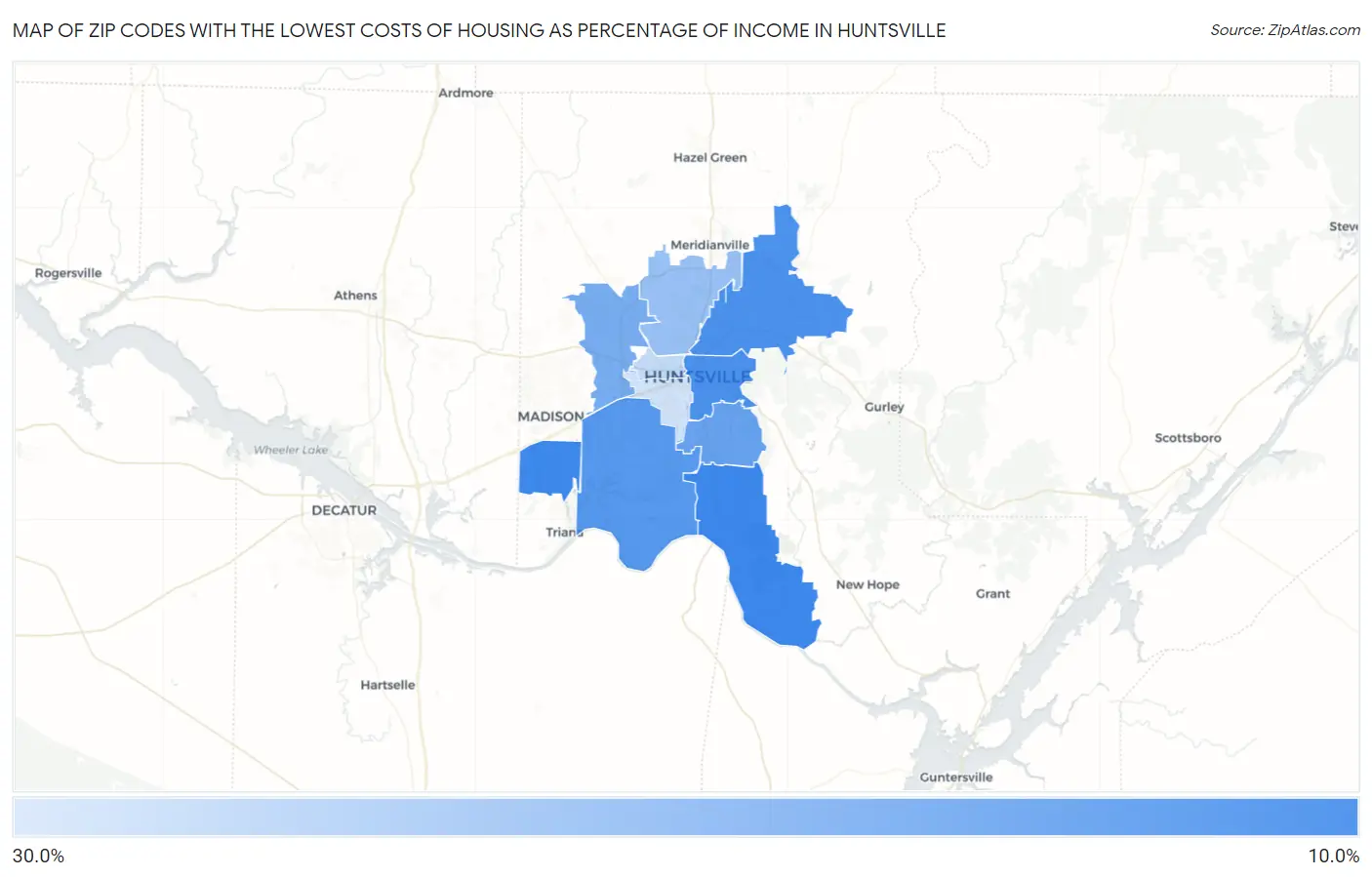 Zip Codes with the Lowest Costs of Housing as Percentage of Income in Huntsville Map