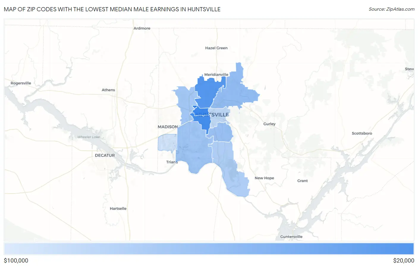 Zip Codes with the Lowest Median Male Earnings in Huntsville Map