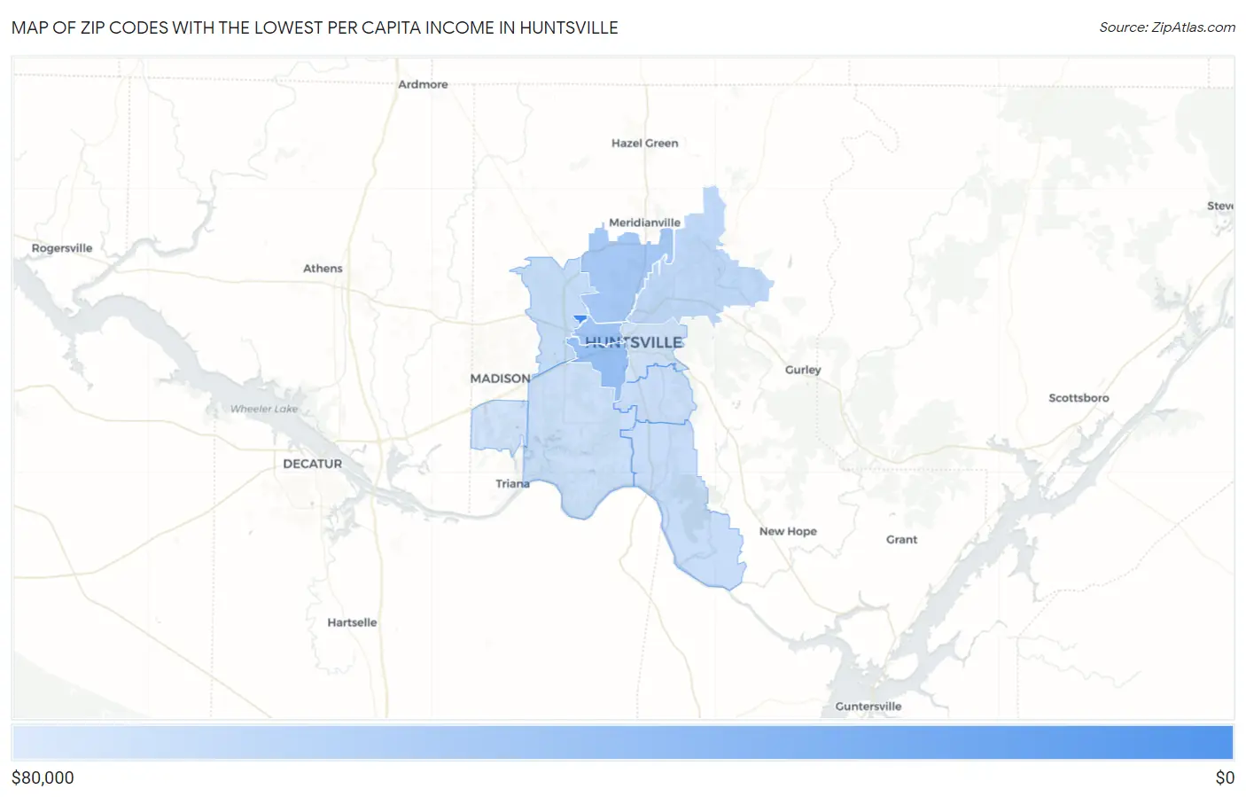 Zip Codes with the Lowest Per Capita Income in Huntsville Map