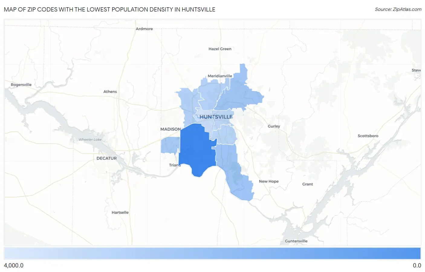 Zip Codes with the Lowest Population Density in Huntsville Map