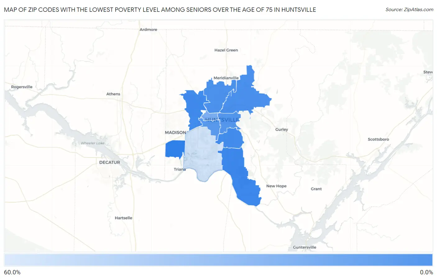 Zip Codes with the Lowest Poverty Level Among Seniors Over the Age of 75 in Huntsville Map