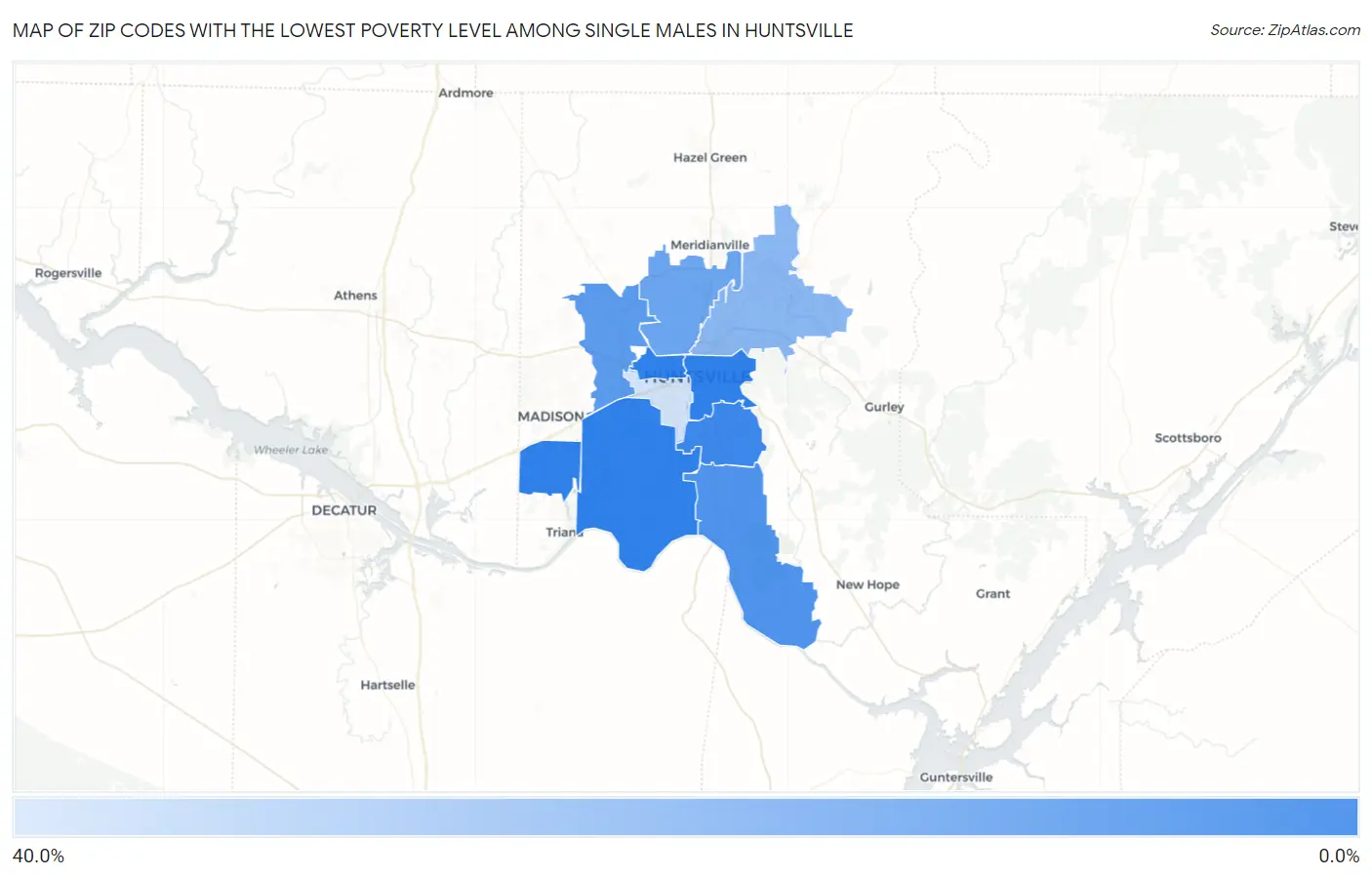 Zip Codes with the Lowest Poverty Level Among Single Males in Huntsville Map