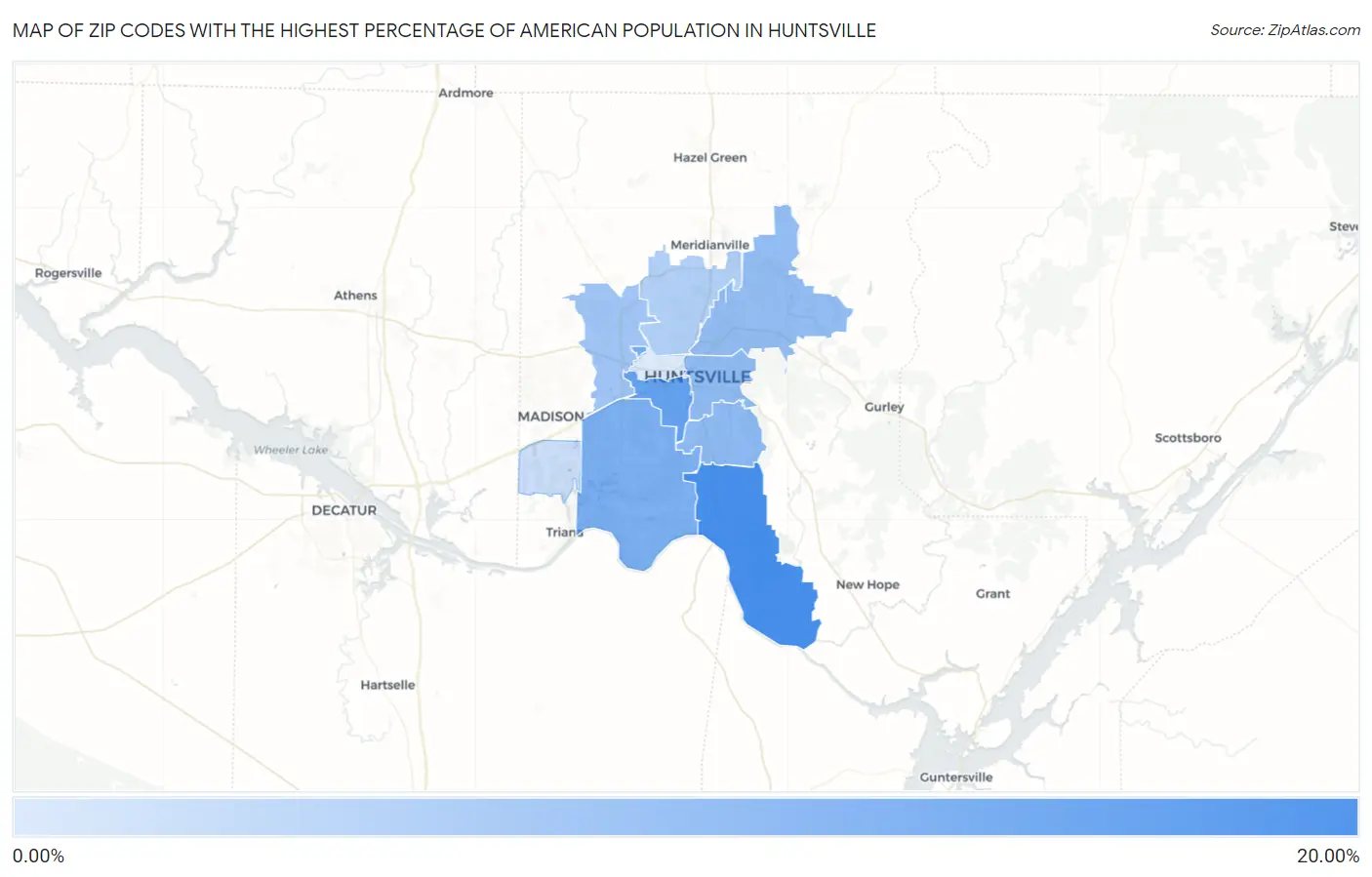 Zip Codes with the Highest Percentage of American Population in Huntsville Map