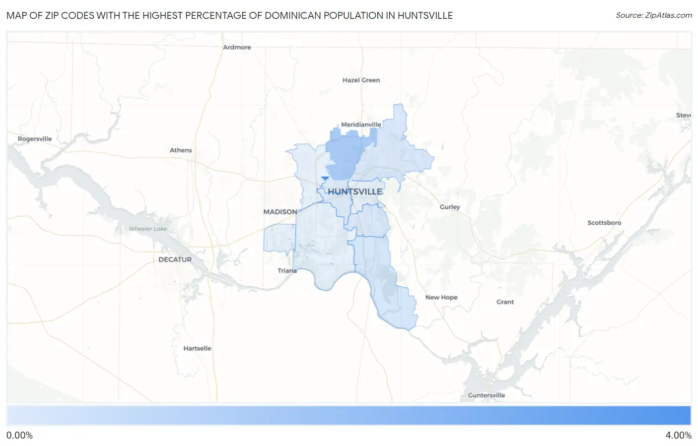 Zip Codes with the Highest Percentage of Dominican Population in Huntsville Map