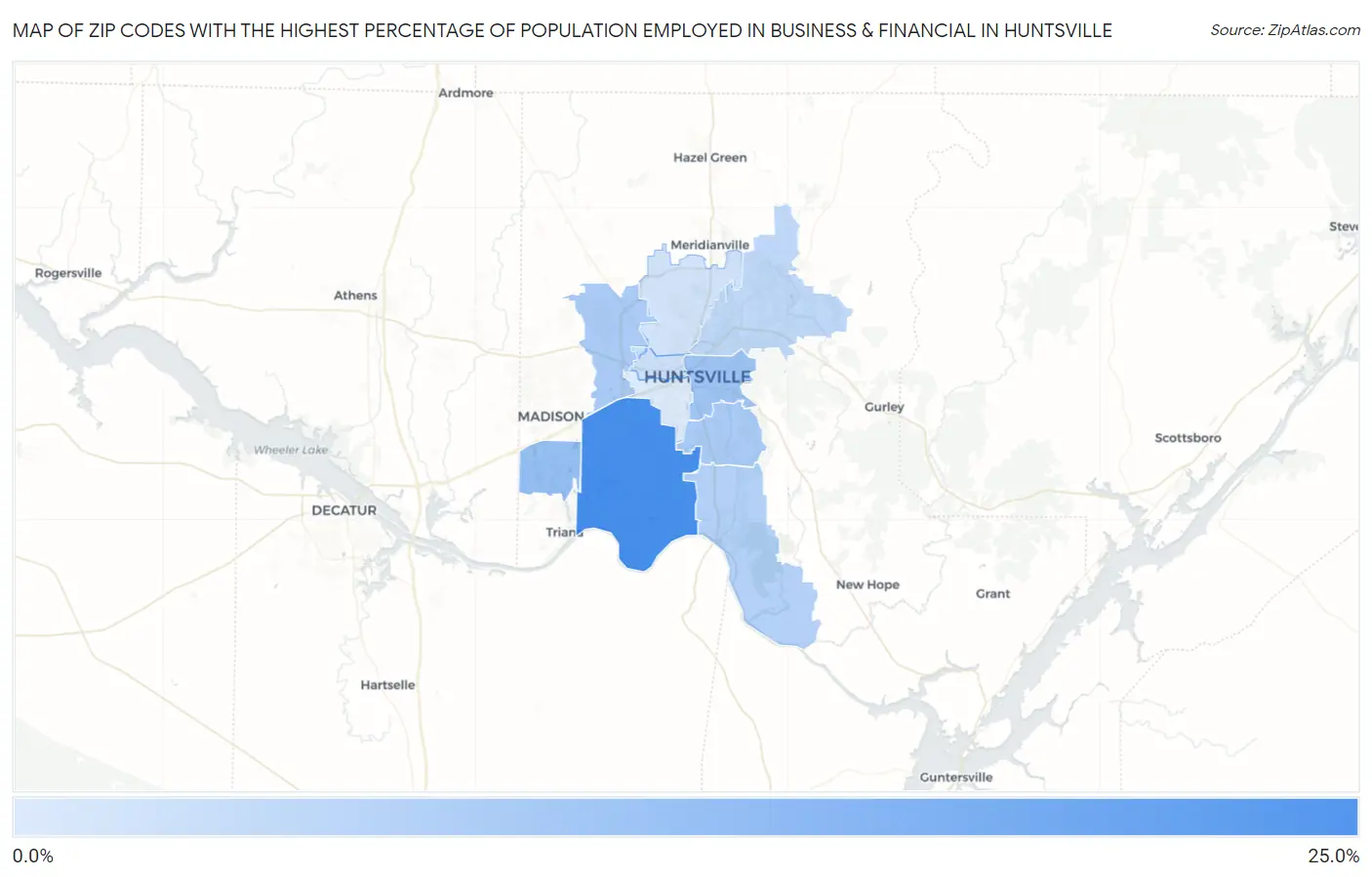 Zip Codes with the Highest Percentage of Population Employed in Business & Financial in Huntsville Map