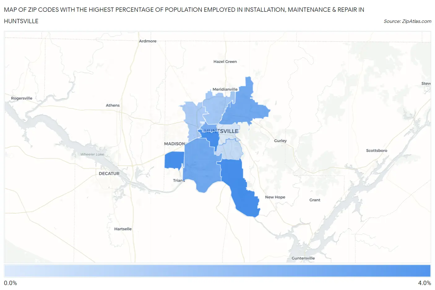 Zip Codes with the Highest Percentage of Population Employed in Installation, Maintenance & Repair in Huntsville Map