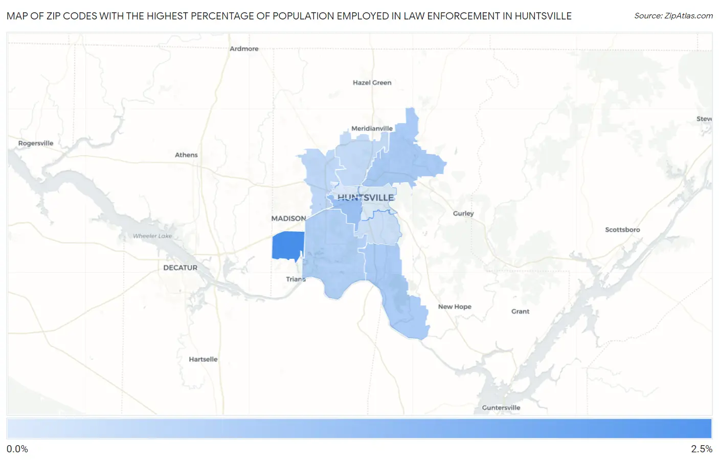 Zip Codes with the Highest Percentage of Population Employed in Law Enforcement in Huntsville Map