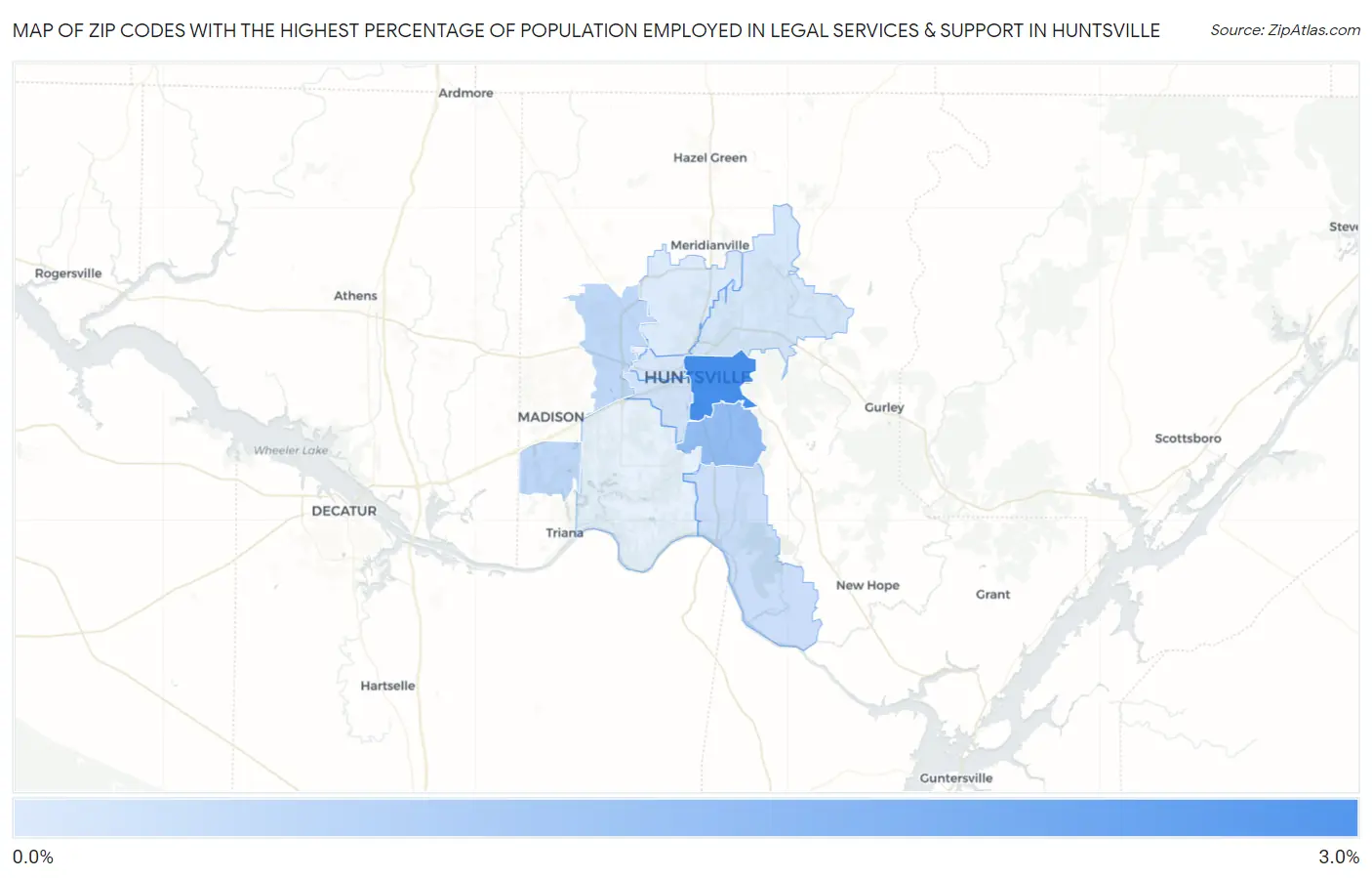 Zip Codes with the Highest Percentage of Population Employed in Legal Services & Support in Huntsville Map