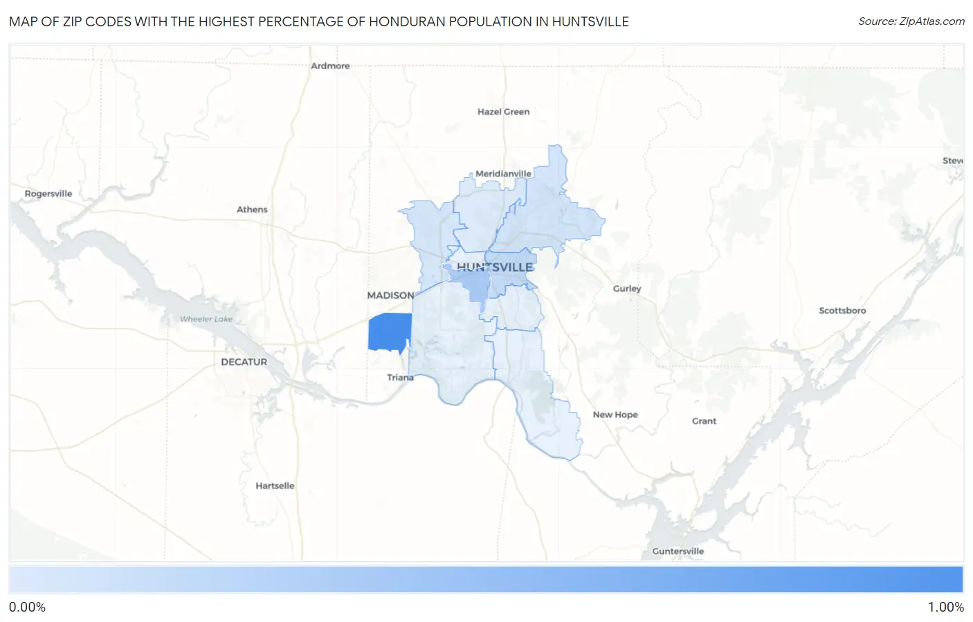 Zip Codes with the Highest Percentage of Honduran Population in Huntsville Map
