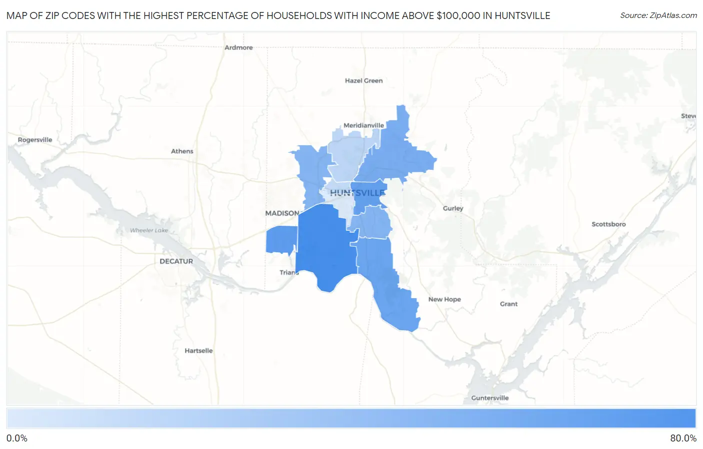 Zip Codes with the Highest Percentage of Households with Income Above $100,000 in Huntsville Map