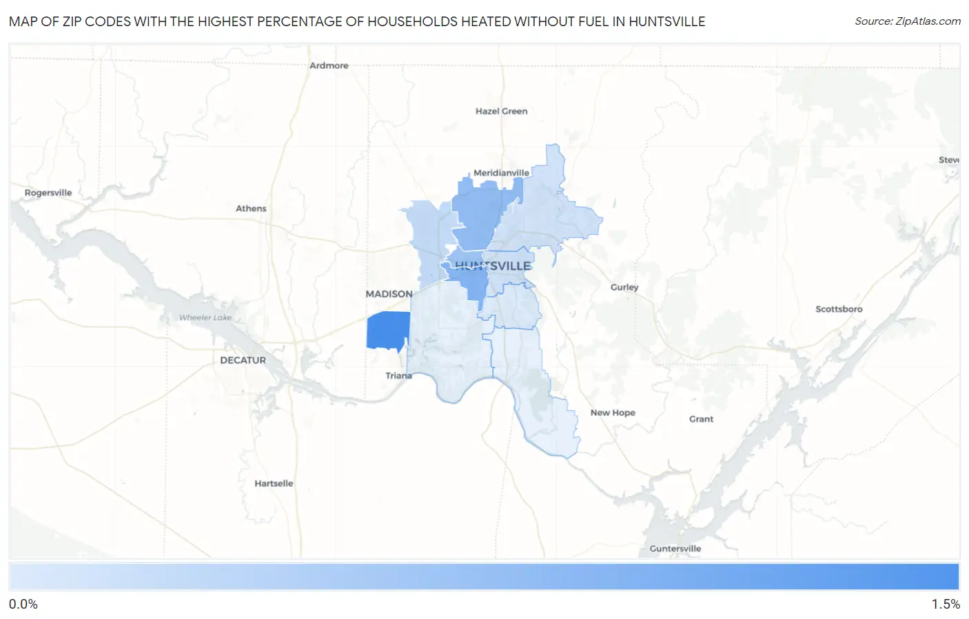 Zip Codes with the Highest Percentage of Households Heated without Fuel in Huntsville Map