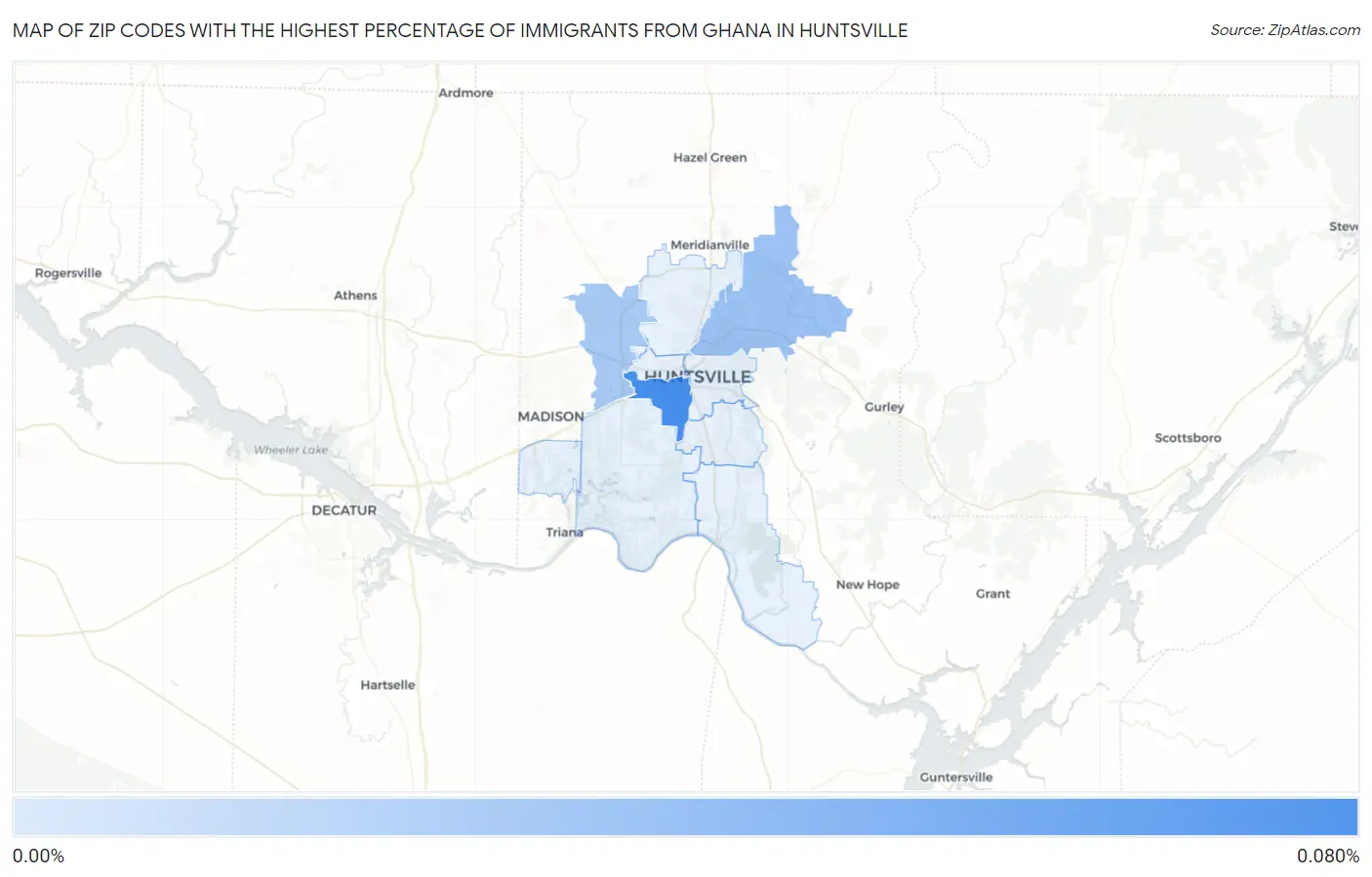 Zip Codes with the Highest Percentage of Immigrants from Ghana in Huntsville Map