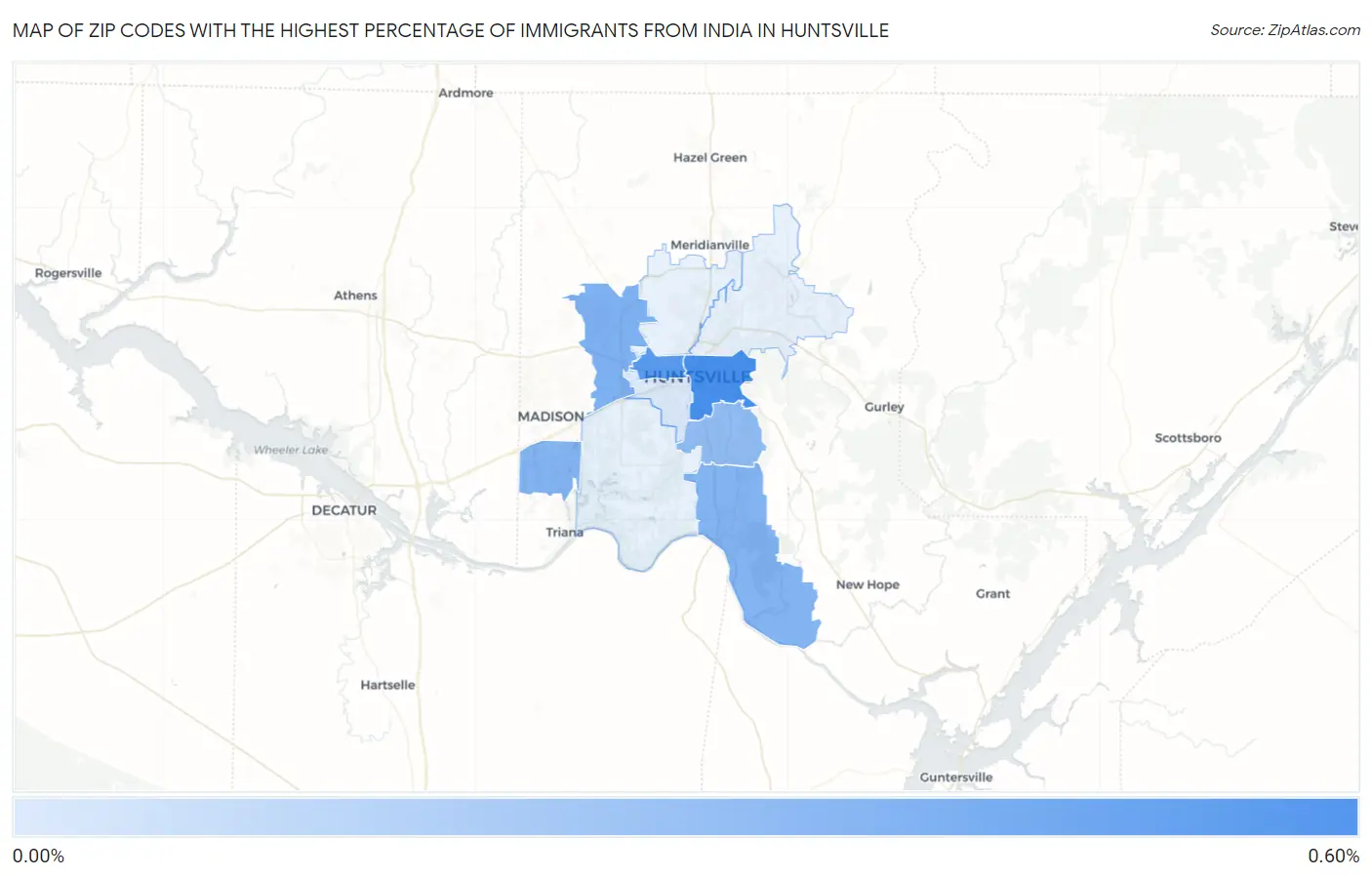Zip Codes with the Highest Percentage of Immigrants from India in Huntsville Map