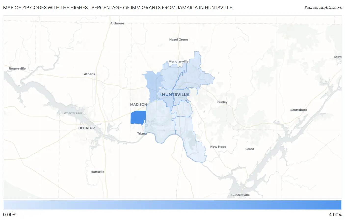 Zip Codes with the Highest Percentage of Immigrants from Jamaica in Huntsville Map