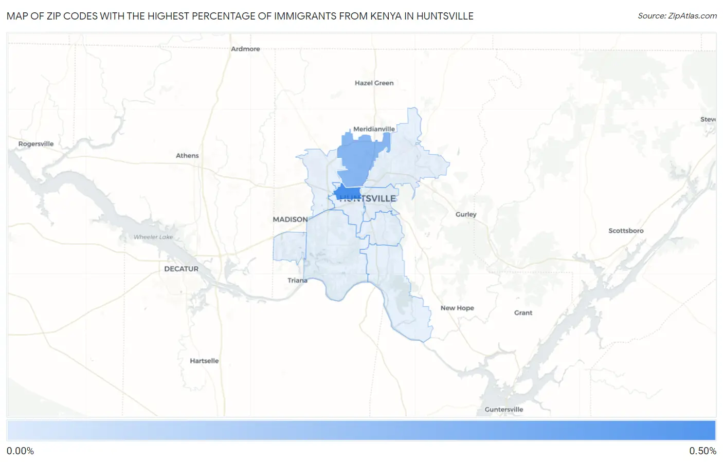 Zip Codes with the Highest Percentage of Immigrants from Kenya in Huntsville Map