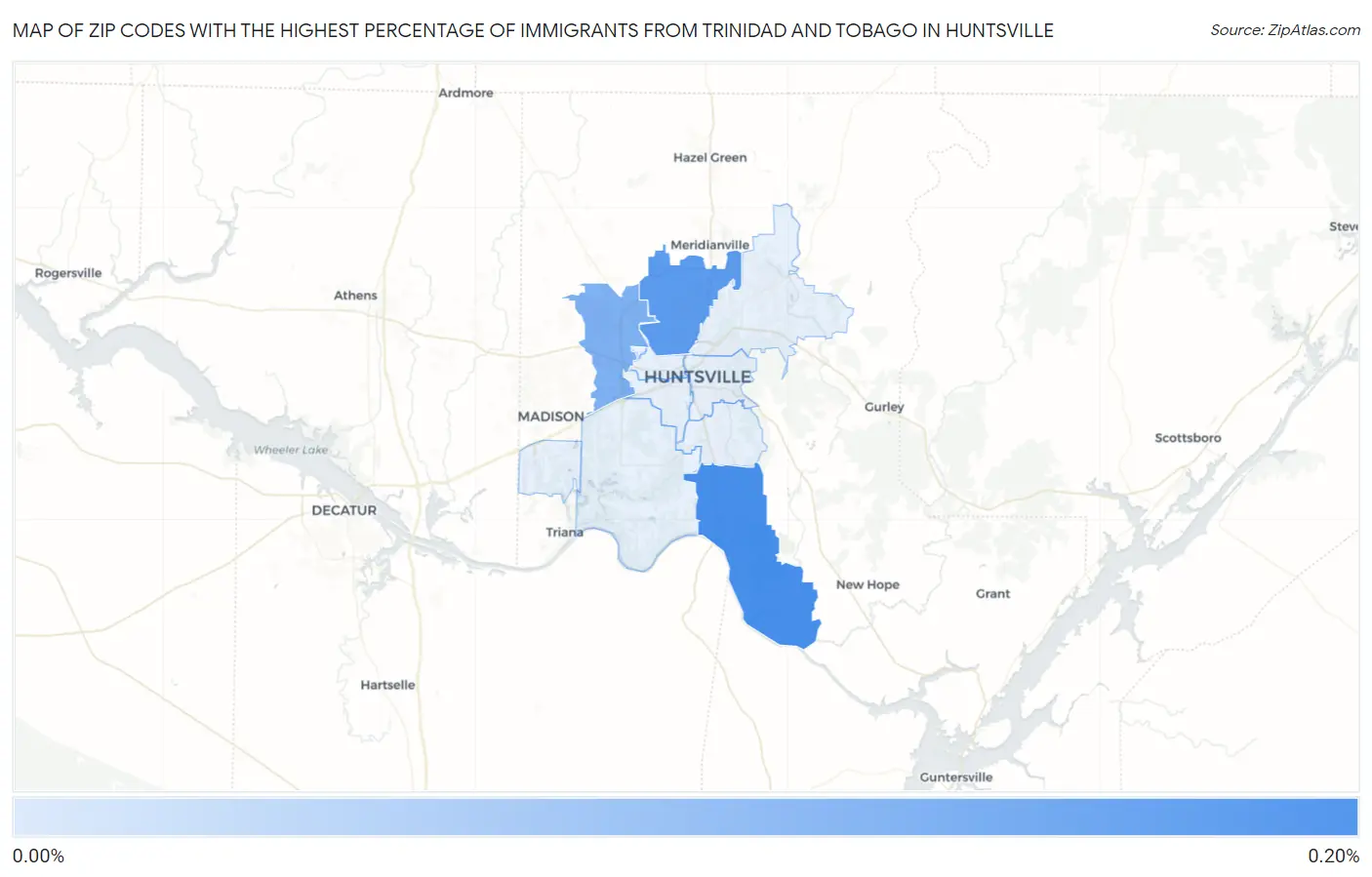 Zip Codes with the Highest Percentage of Immigrants from Trinidad and Tobago in Huntsville Map