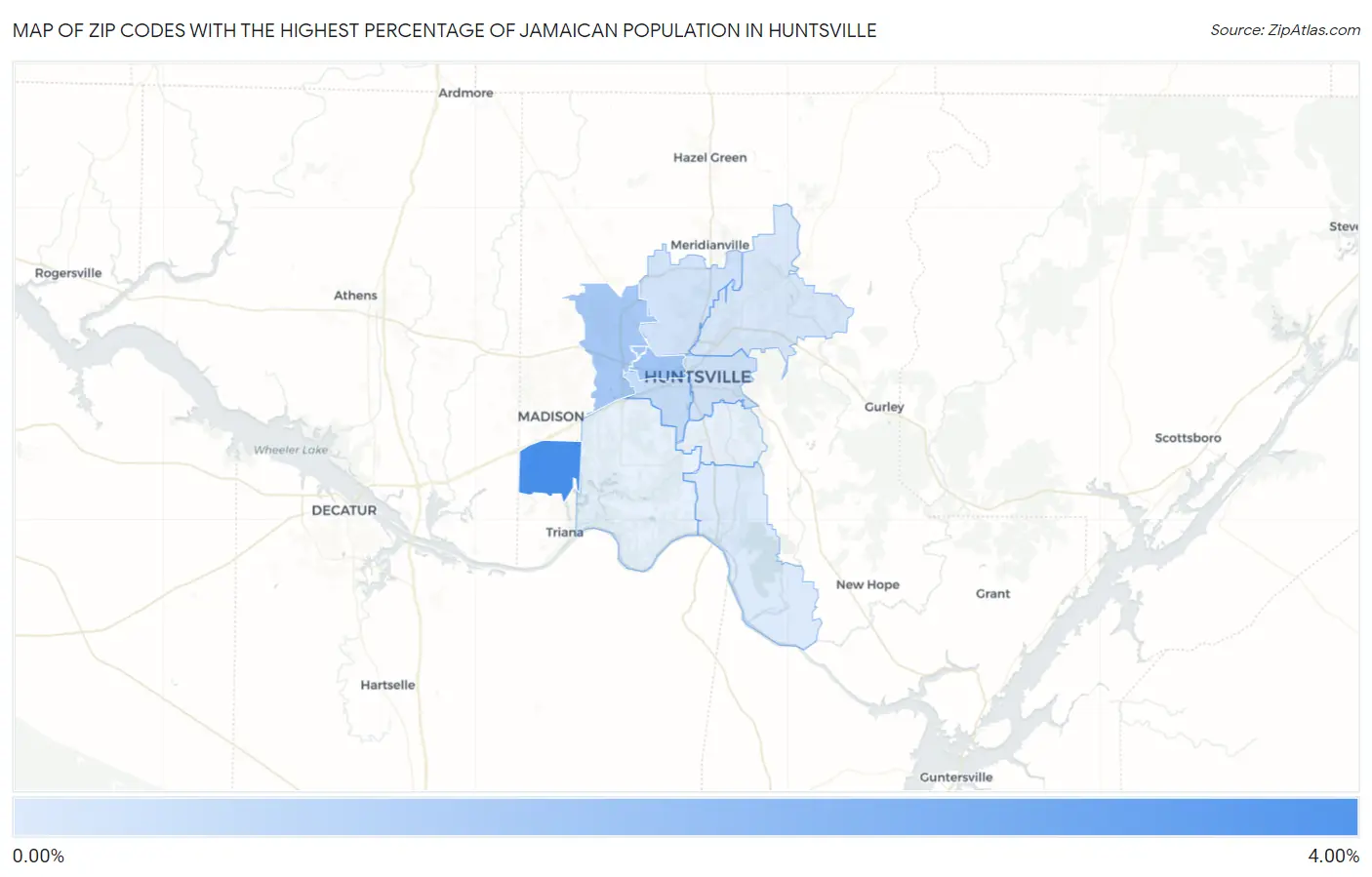 Zip Codes with the Highest Percentage of Jamaican Population in Huntsville Map
