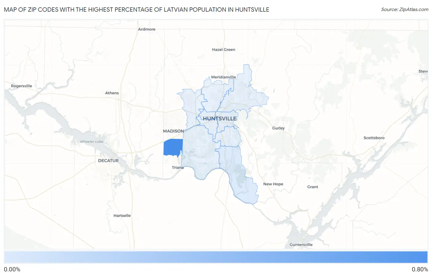 Zip Codes with the Highest Percentage of Latvian Population in Huntsville Map