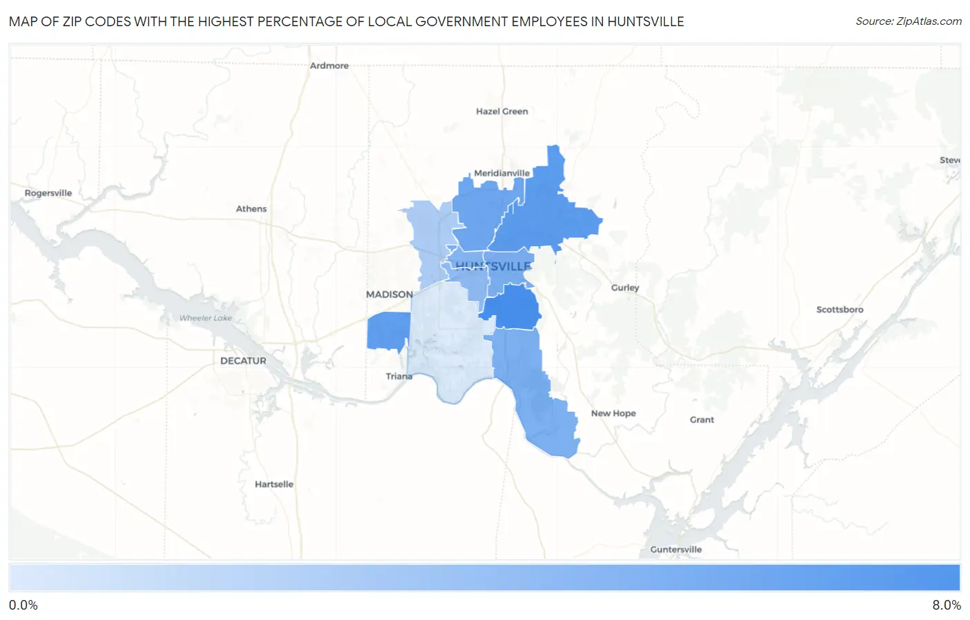 Zip Codes with the Highest Percentage of Local Government Employees in Huntsville Map