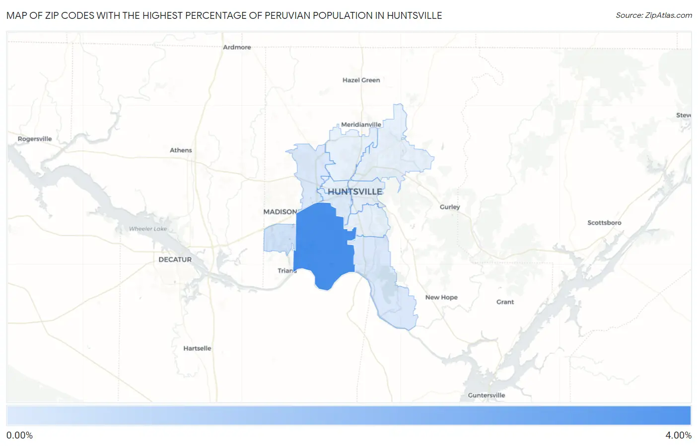 Zip Codes with the Highest Percentage of Peruvian Population in Huntsville Map