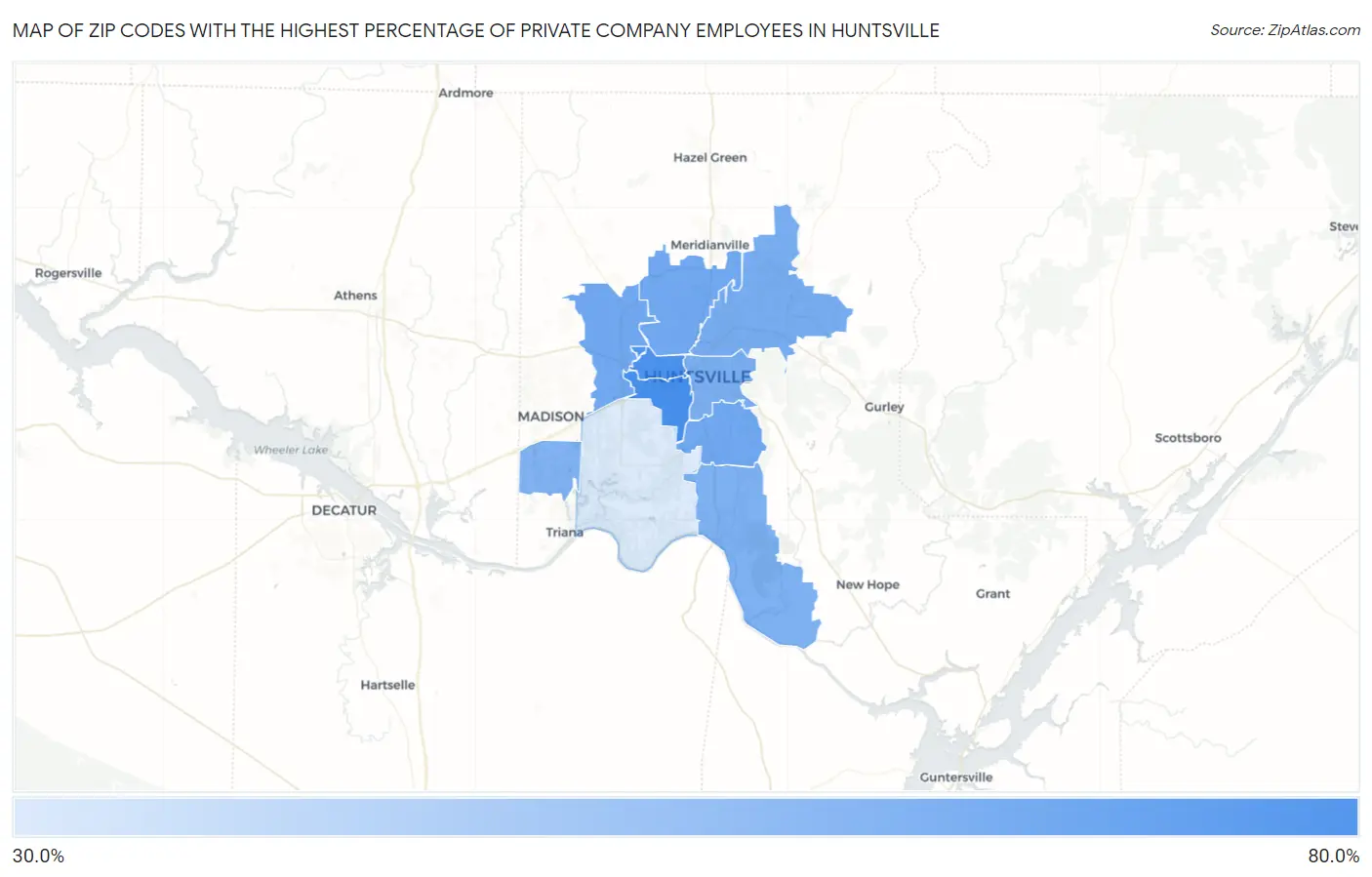Zip Codes with the Highest Percentage of Private Company Employees in Huntsville Map