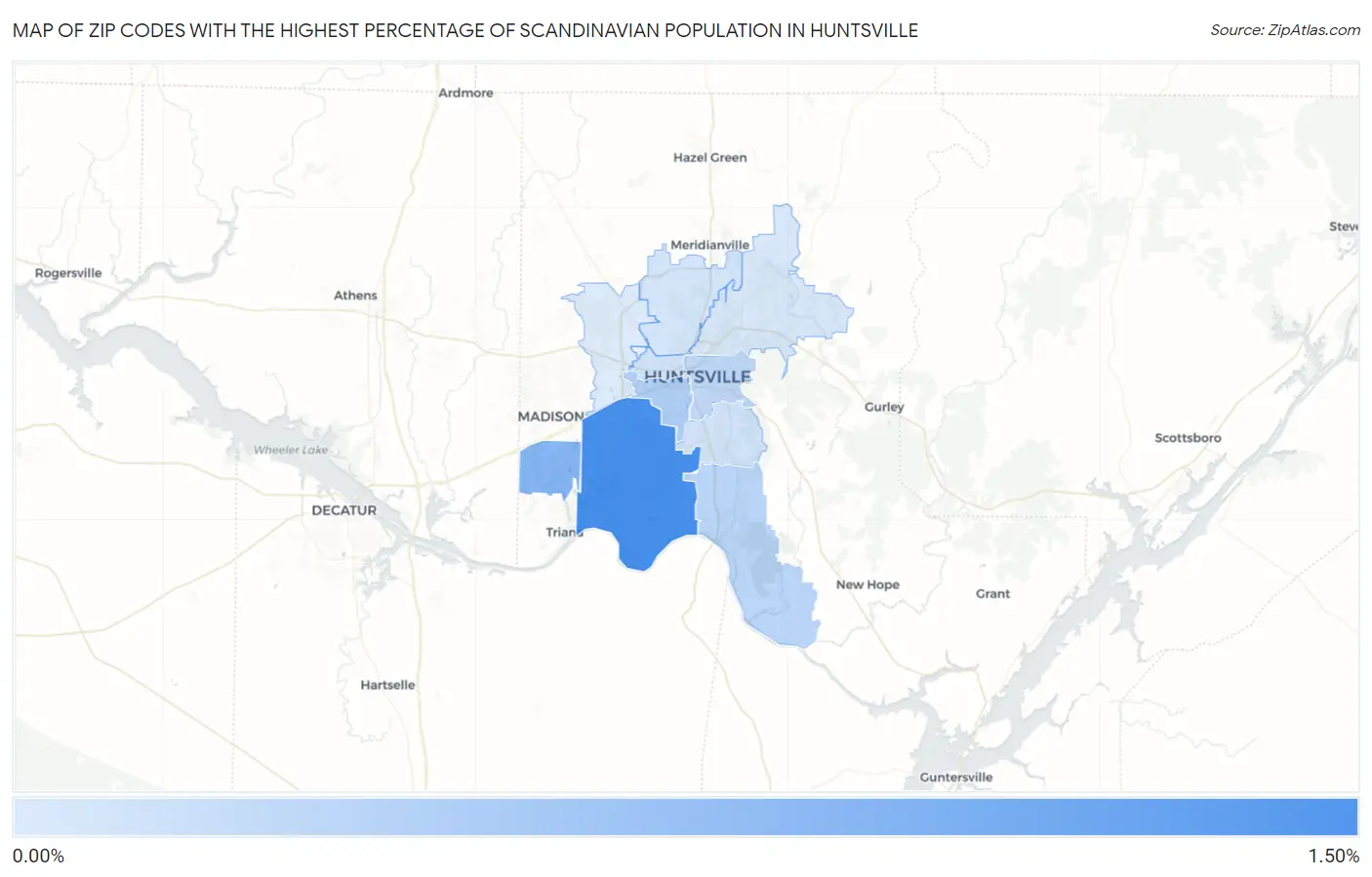 Zip Codes with the Highest Percentage of Scandinavian Population in Huntsville Map