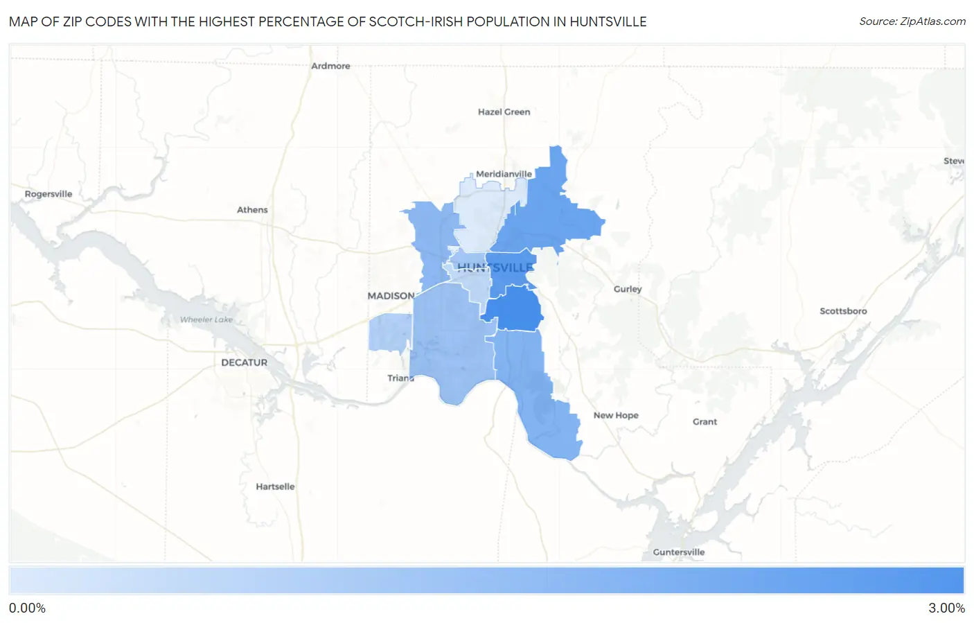 Zip Codes with the Highest Percentage of Scotch-Irish Population in Huntsville Map