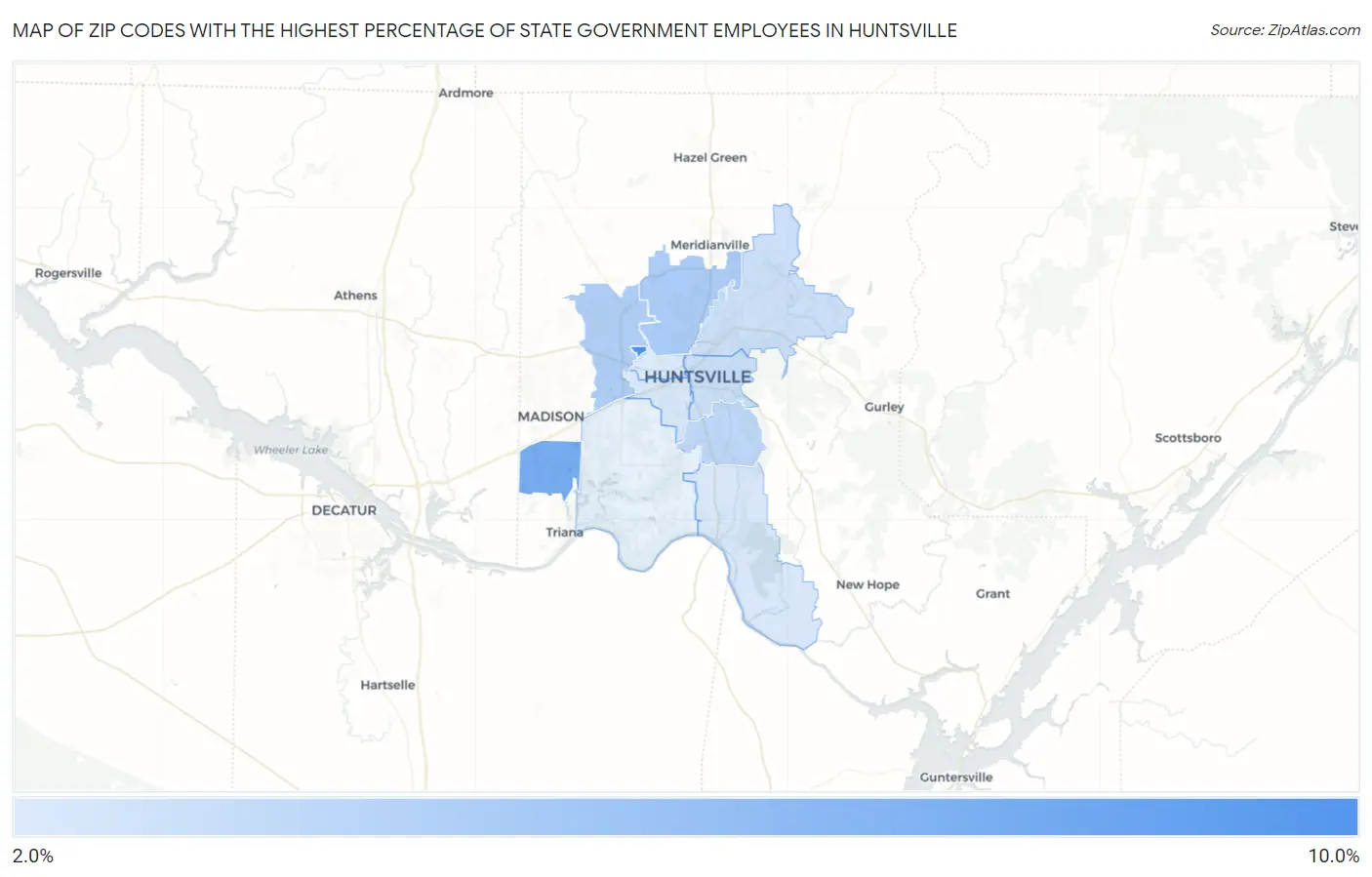 Zip Codes with the Highest Percentage of State Government Employees in Huntsville Map