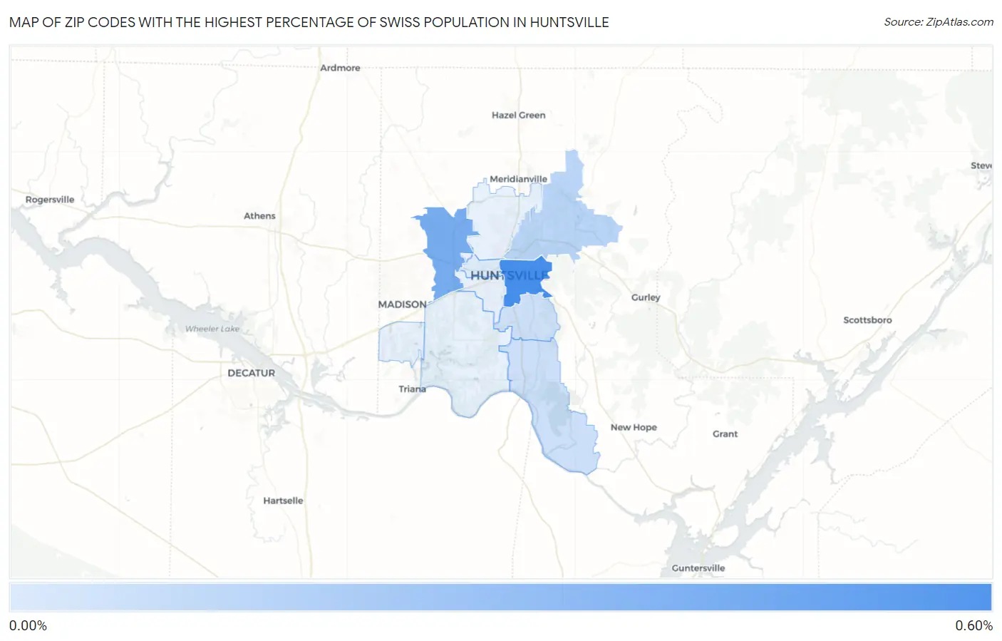 Zip Codes with the Highest Percentage of Swiss Population in Huntsville Map