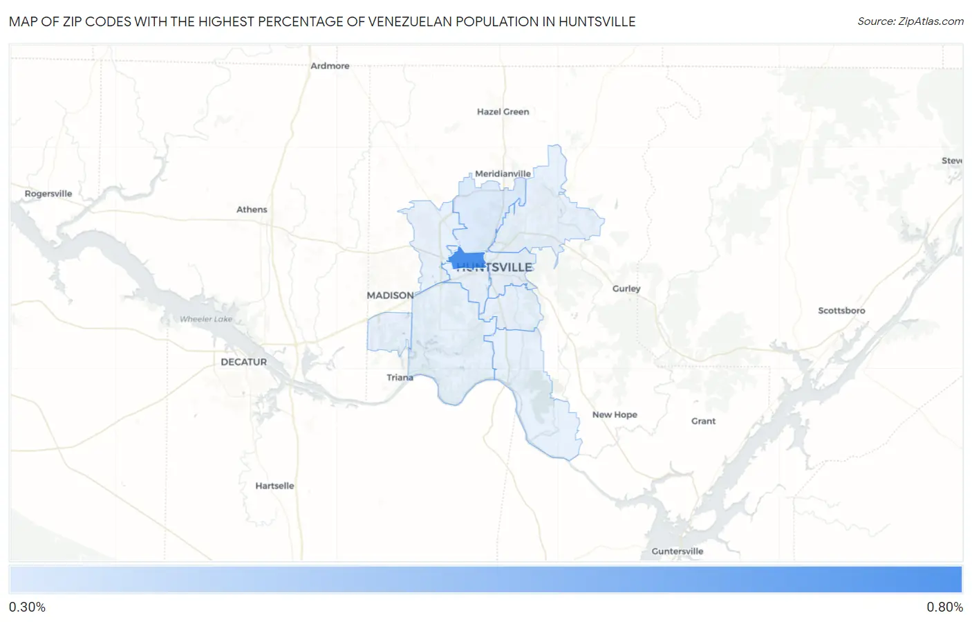 Zip Codes with the Highest Percentage of Venezuelan Population in Huntsville Map