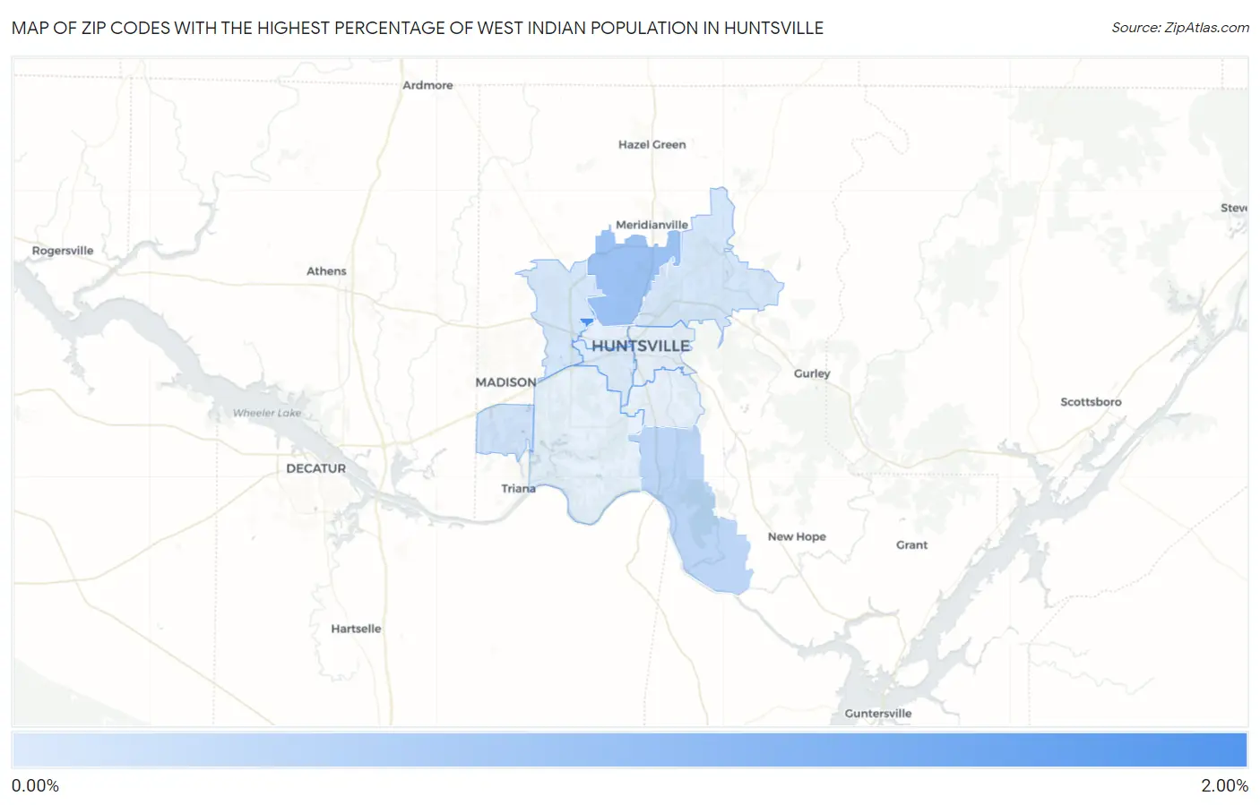 Zip Codes with the Highest Percentage of West Indian Population in Huntsville Map