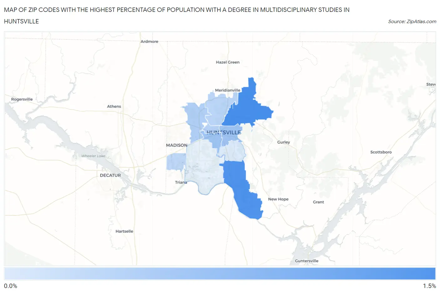 Zip Codes with the Highest Percentage of Population with a Degree in Multidisciplinary Studies in Huntsville Map