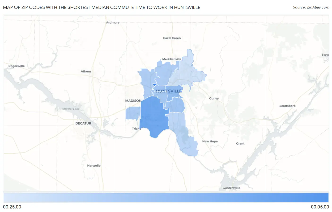 Zip Codes with the Shortest Median Commute Time to Work in Huntsville Map