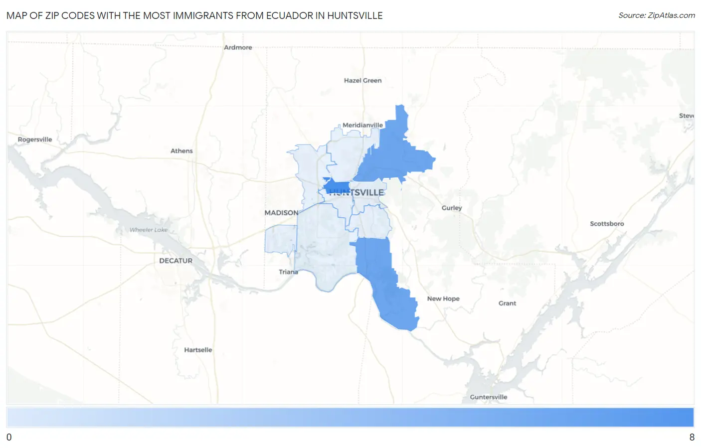 Zip Codes with the Most Immigrants from Ecuador in Huntsville Map