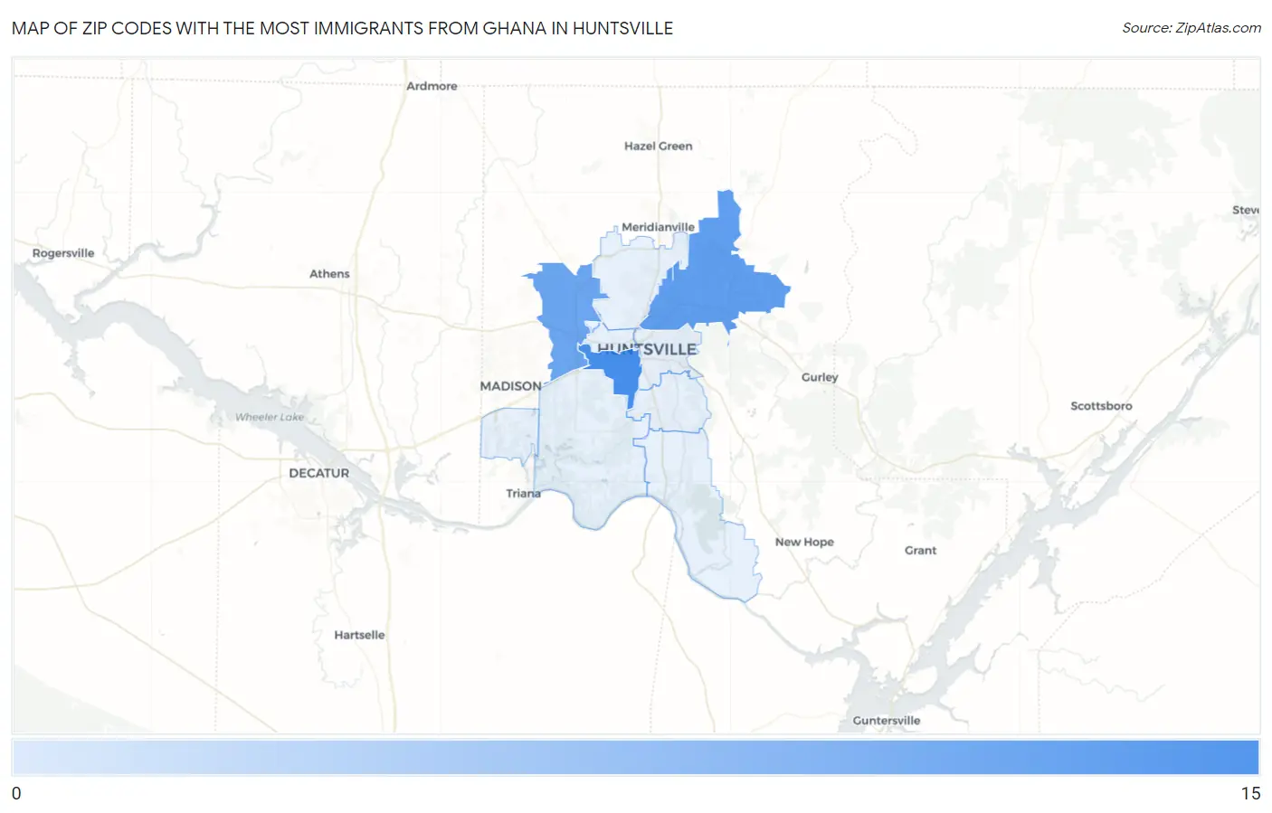 Zip Codes with the Most Immigrants from Ghana in Huntsville Map