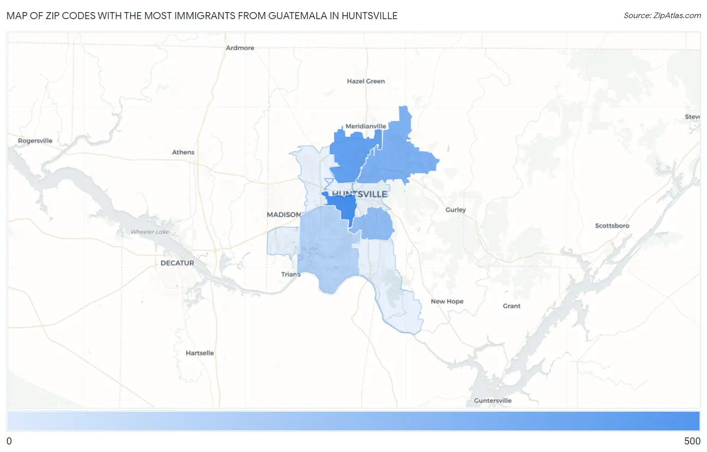 Zip Codes with the Most Immigrants from Guatemala in Huntsville Map