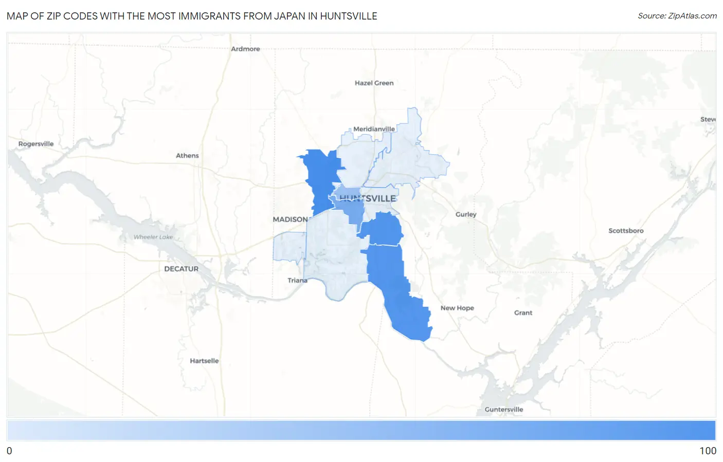 Zip Codes with the Most Immigrants from Japan in Huntsville Map