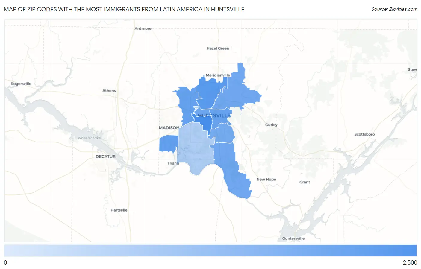 Zip Codes with the Most Immigrants from Latin America in Huntsville Map