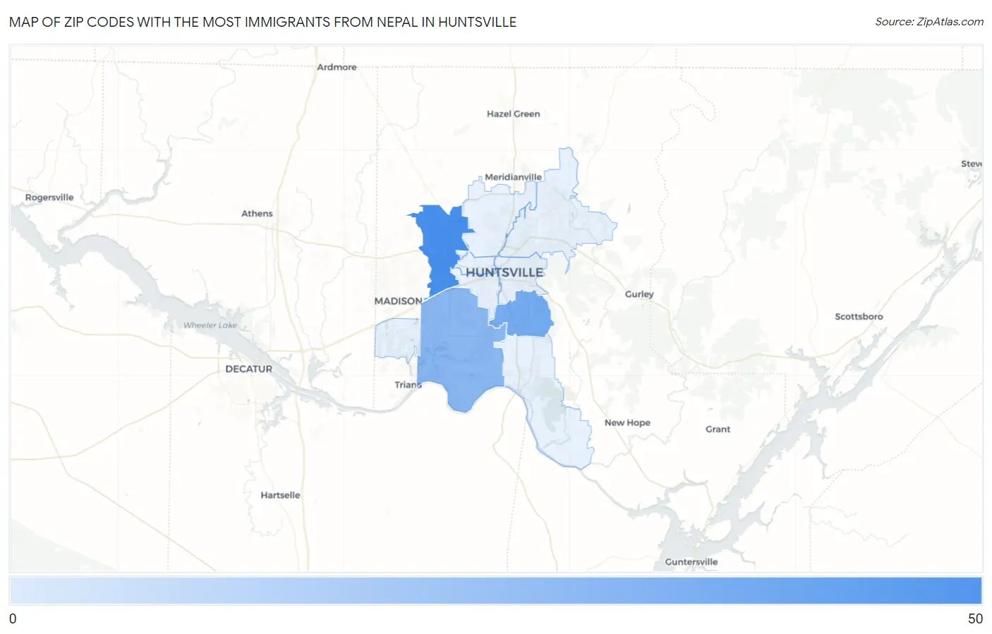 Zip Codes with the Most Immigrants from Nepal in Huntsville Map