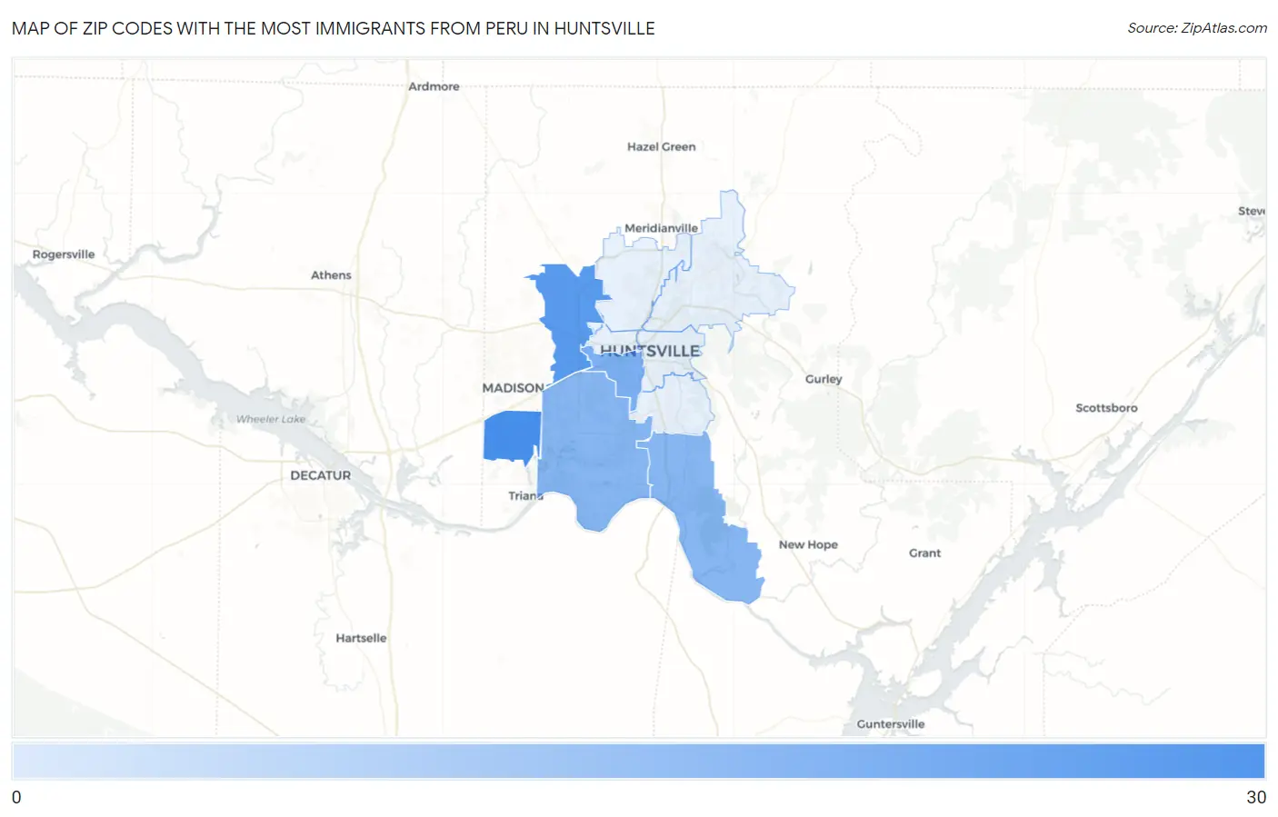 Zip Codes with the Most Immigrants from Peru in Huntsville Map