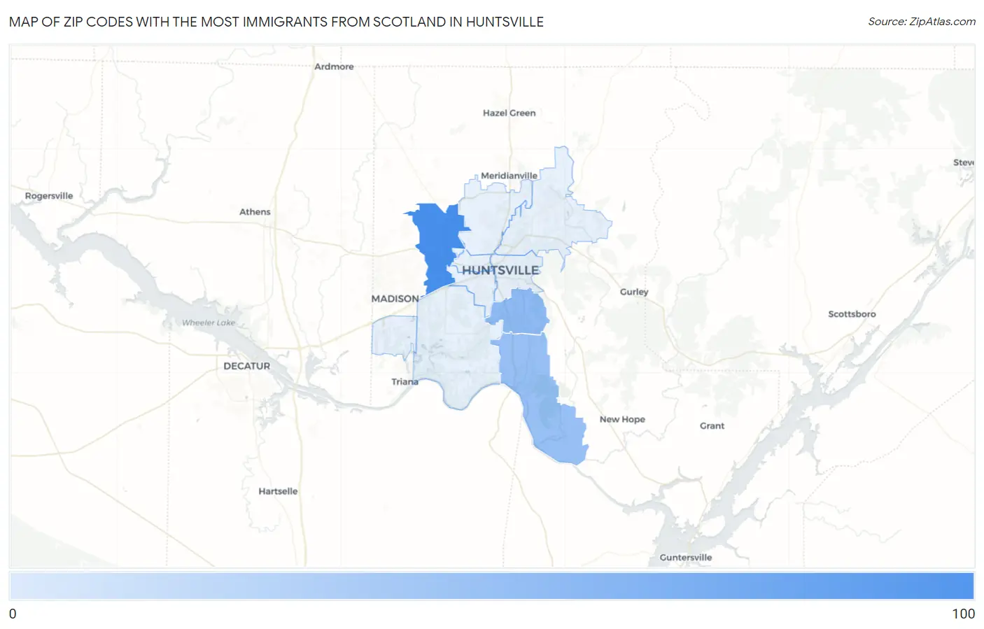 Zip Codes with the Most Immigrants from Scotland in Huntsville Map