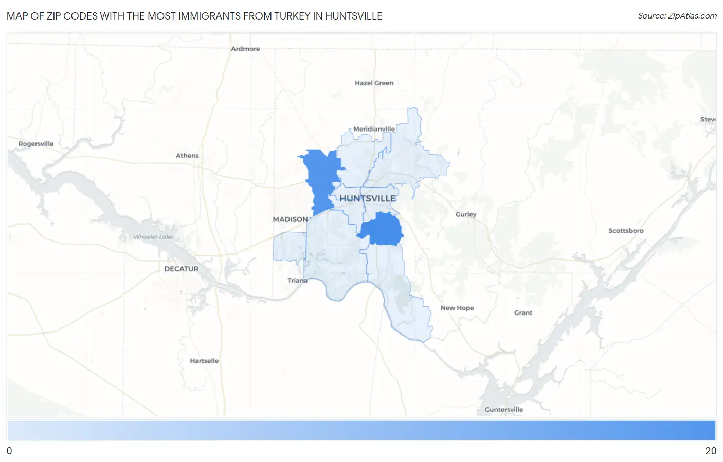 Zip Codes with the Most Immigrants from Turkey in Huntsville Map