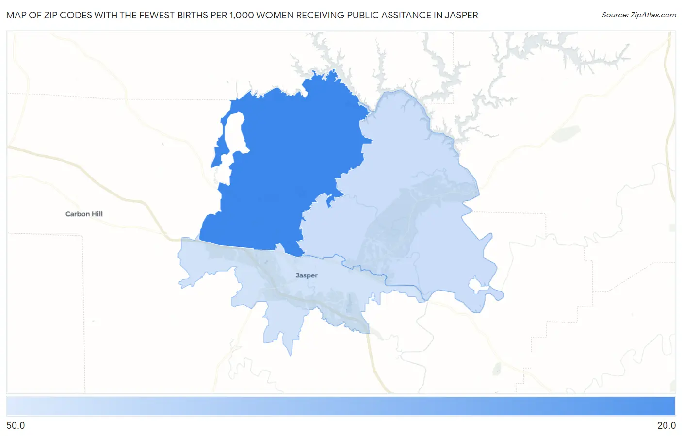 Zip Codes with the Fewest Births per 1,000 Women Receiving Public Assitance in Jasper Map