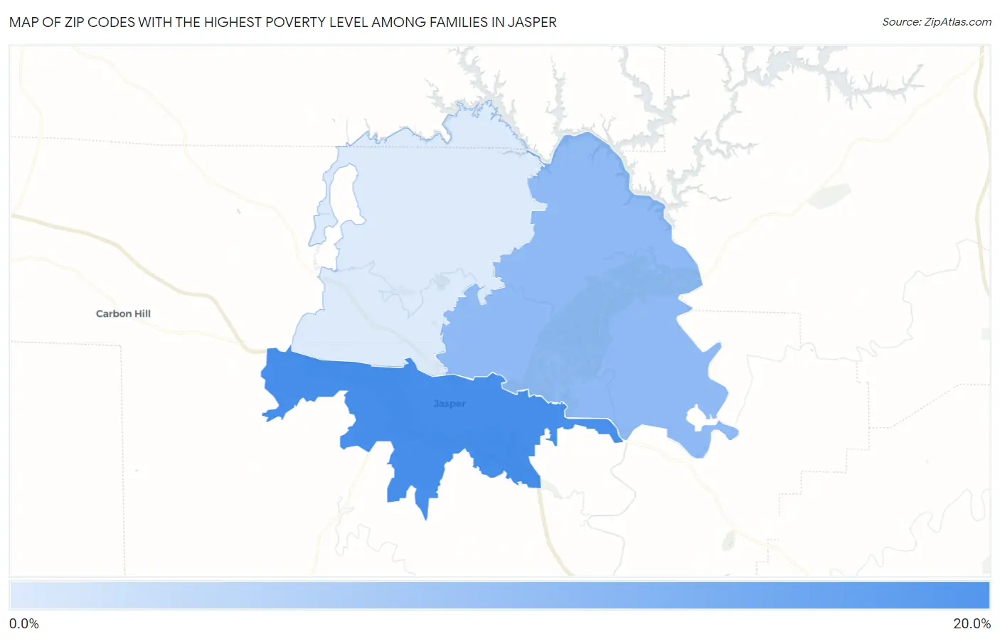 Zip Codes with the Highest Poverty Level Among Families in Jasper Map