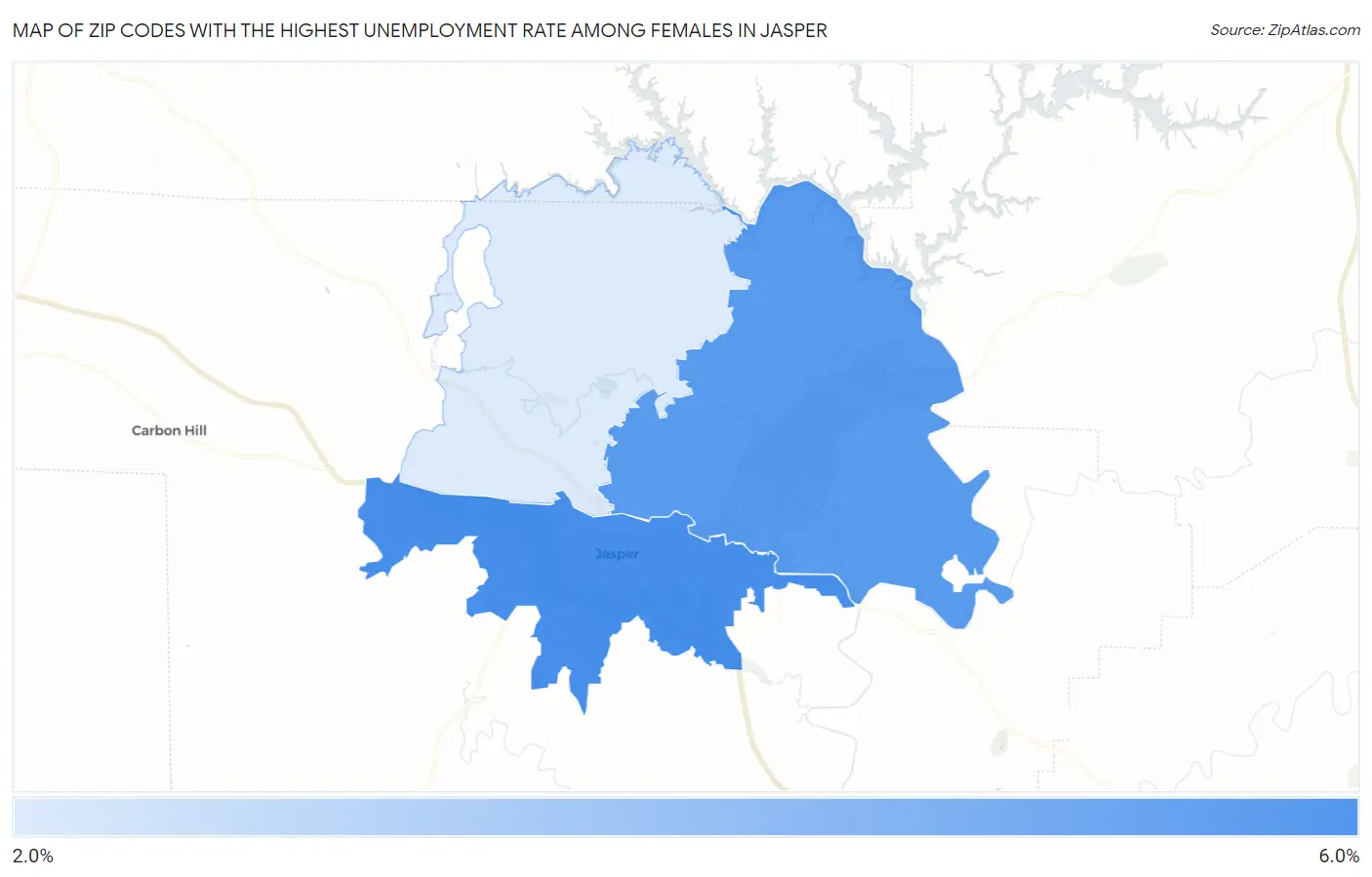 Zip Codes with the Highest Unemployment Rate Among Females in Jasper Map