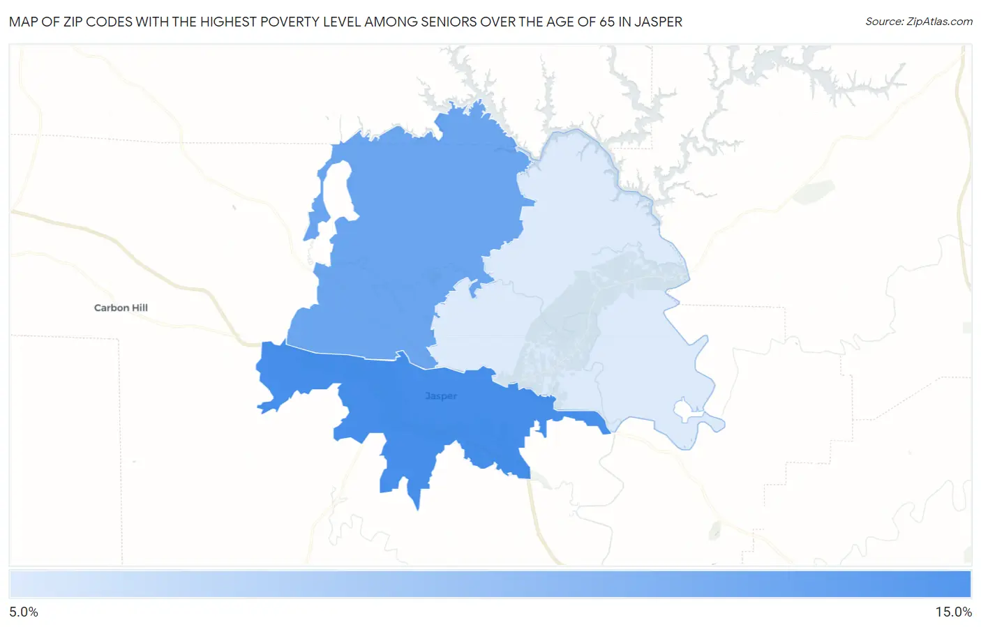 Zip Codes with the Highest Poverty Level Among Seniors Over the Age of 65 in Jasper Map