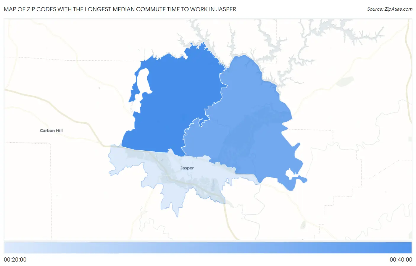 Zip Codes with the Longest Median Commute Time to Work in Jasper Map