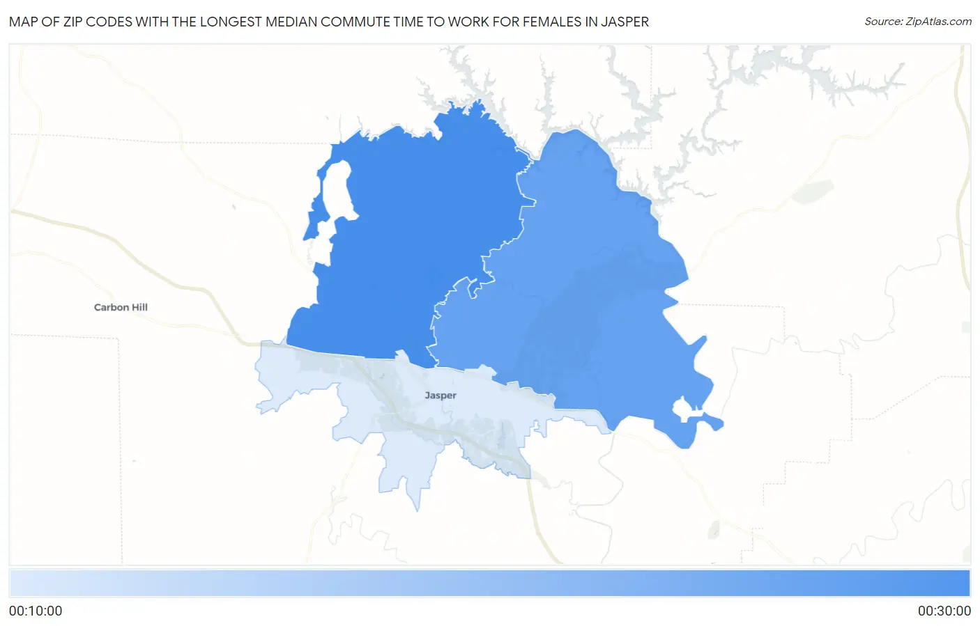 Zip Codes with the Longest Median Commute Time to Work for Females in Jasper Map