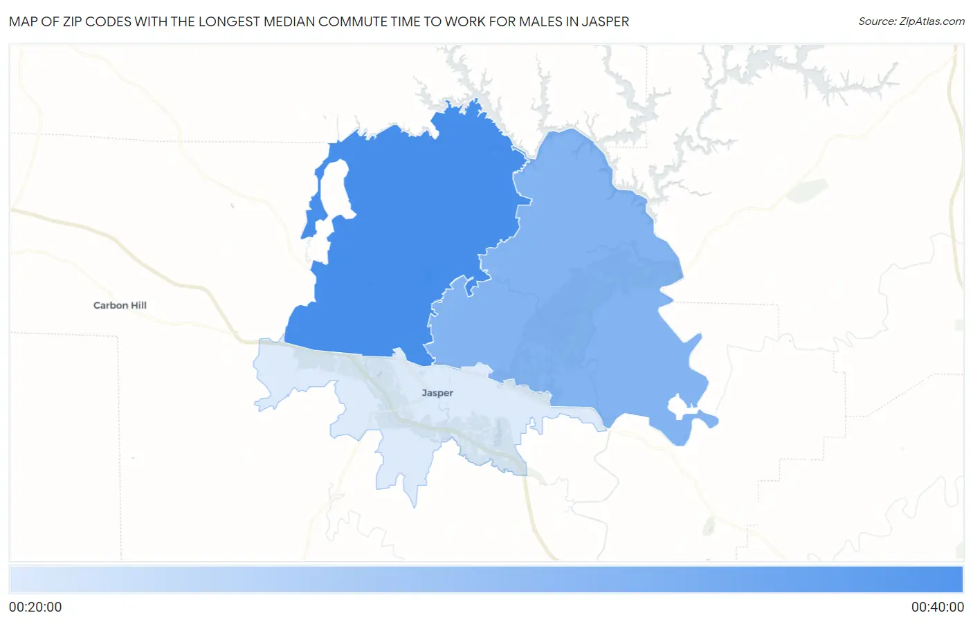 Zip Codes with the Longest Median Commute Time to Work for Males in Jasper Map