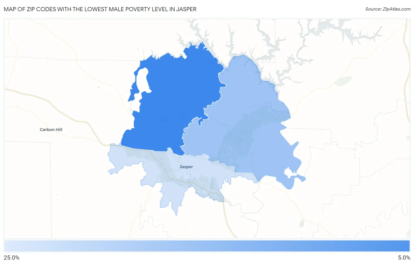 Zip Codes with the Lowest Male Poverty Level in Jasper Map